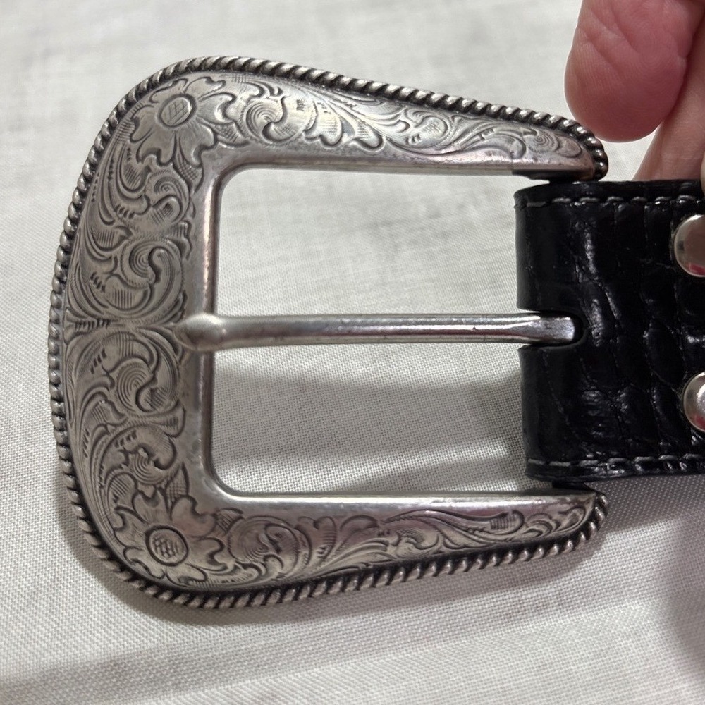 Nocona Belt Western Mens 36 Black Crocodile Embossed Leather Engraved Buckle